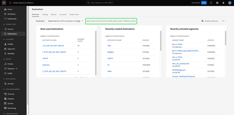 The Platform UI Destinations Overview with the most recent snapshot highlighted.