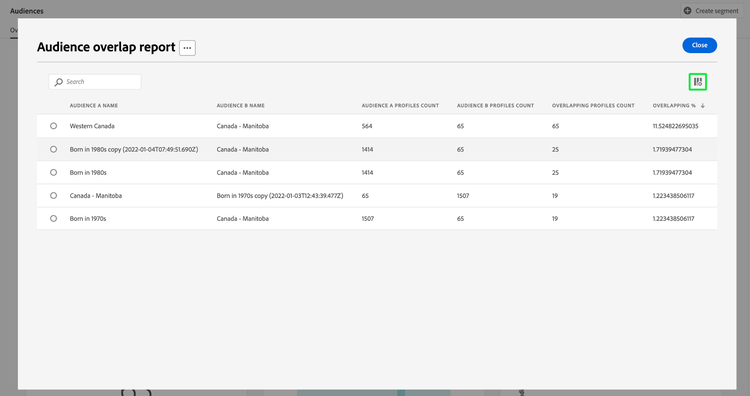 The Audience overlap report dialog.