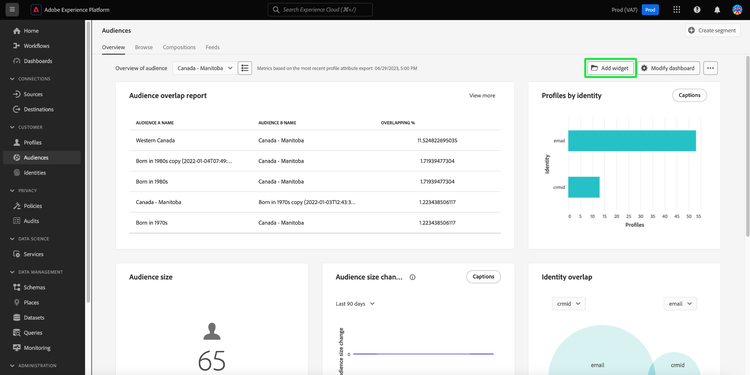 The Audiences dashboard overview with Add widget highlighted.