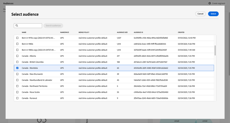 The Select audience dialog that displays all available audiences.