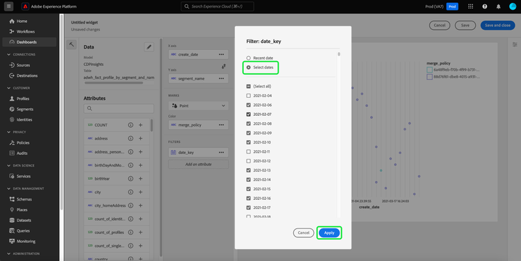 The Filter: date_key dialog with individual day checkboxes both checked and unchecked.