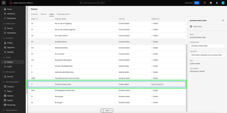 The Labels tab of the Policies workspace with the new custom label highlighted.