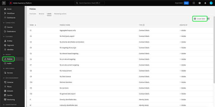 The Policies workspace with create policy highlighted.