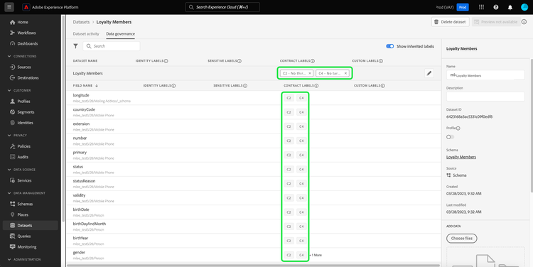 The Data Governance tab of the Datasets workspace with applied dataset level labels and inherited dataset filed labels highlighted.