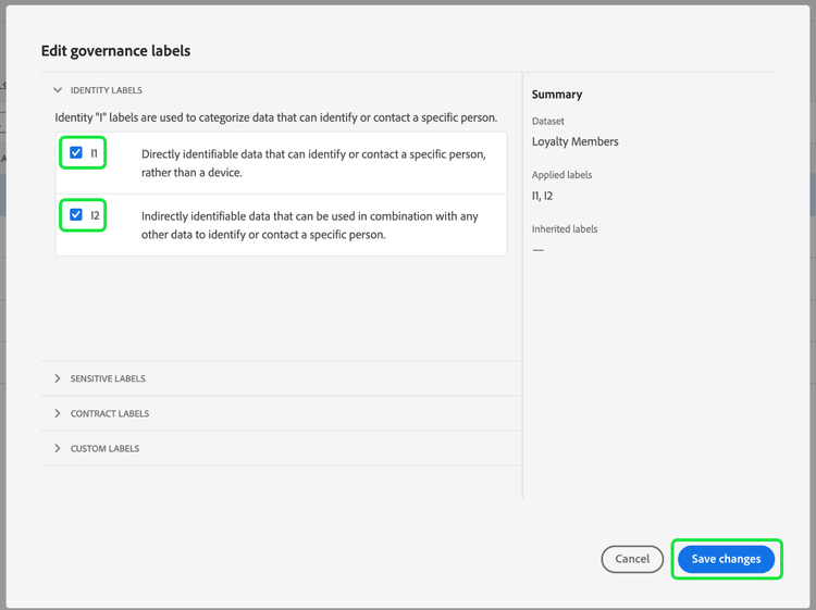 The Edit Governance Labels dialog with label checkboxes and Save changes highlighted.