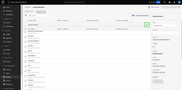 The Data Governance tab of the Datasets workspace with the edit pencil icon highlighted.