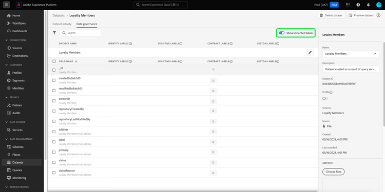 The Data Governance tab of the Datasets workspace with the Show inherited labels toggle highlighted.