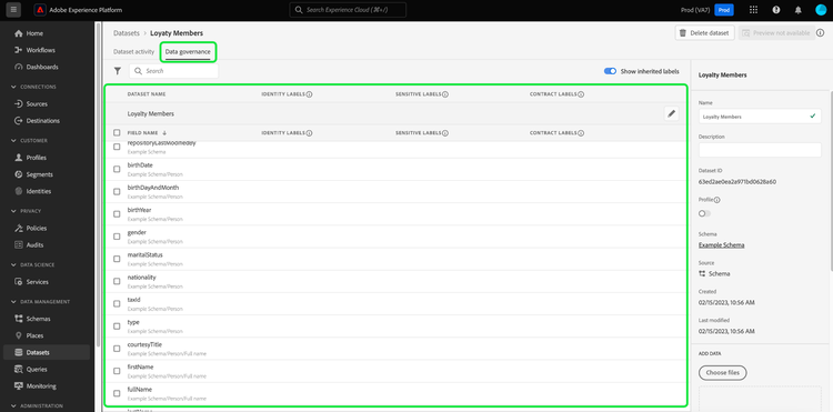 The Data Governance tab of the Datasets workspace with Data Governance highlighted.