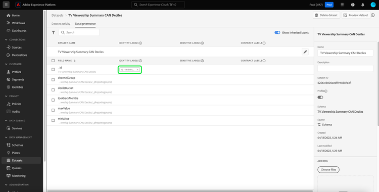 The Data Governance tab of the Datasets workspace with a label for a field highlighted for removal.