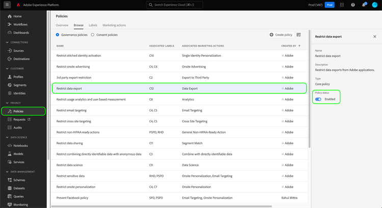 Image showing a core policy being enabled in the UI