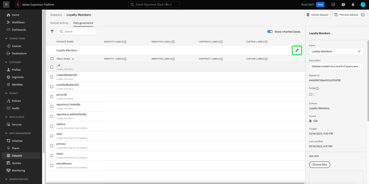 The Data governance tab for the Loyalty Members dataset with the pencil icon highlighted.