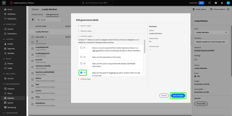 The Edit governance labels dialog with the label checkbox and Save highlighted.