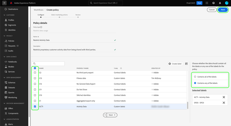 Image showing the policy's basic configuration completed in the UI