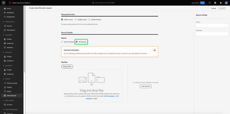 The Select dataset dialog with the All datasets option selected.