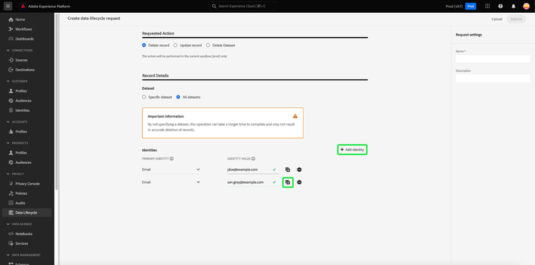 The request creation workflow with the plus icon and the add identity icon highlighted.