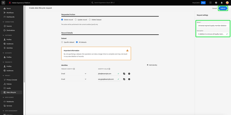 The request setting's Name and Description fields with Submit highlighted.