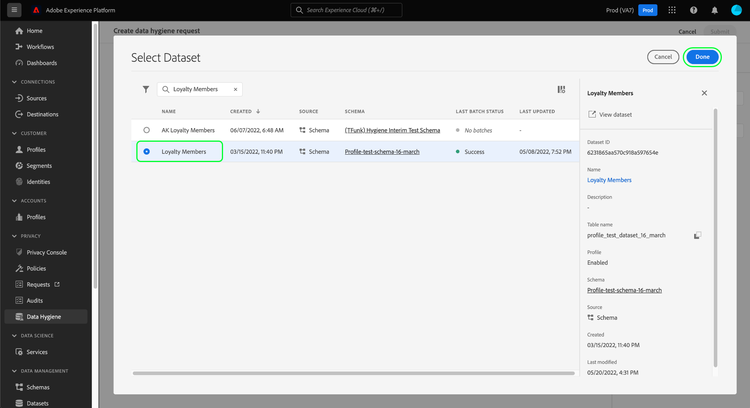 The Select dataset dialog with a dataset selected and Done highlighted.