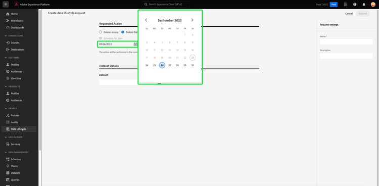 A calendar dialog with an expiration date selected and highlighted for the dataset.