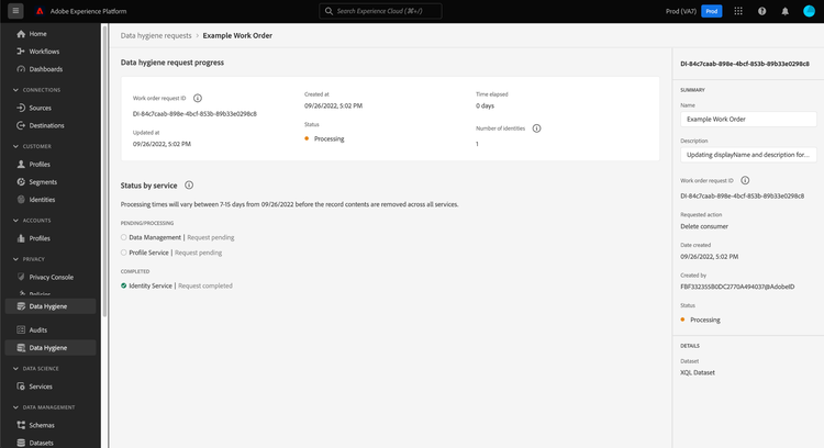 Image showing the details page for a record delete work order