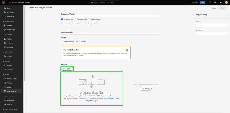 The request creation workflow with the choose files and drag and drop interface for uploading JSON files highlighted.