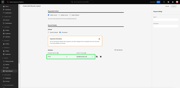 The request creation workflow with an identity field manually added.