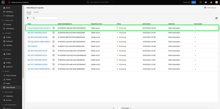 The Record tab of the Data Lifecycle workspace with the new request highlighted.