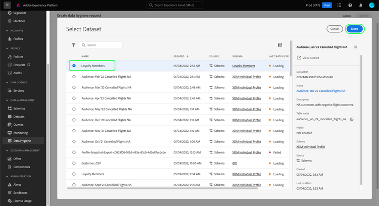 The Select dataset dialog with a dataset selected and Done highlighted.