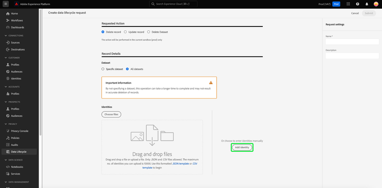 The request creation workflow with the Add identity option highlighted.