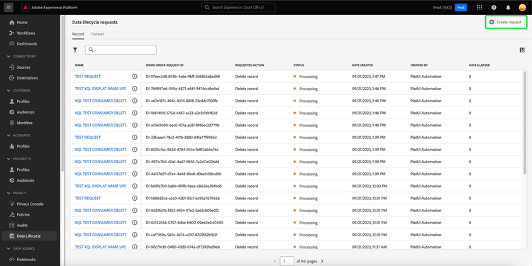 The Data Lifecycle workspace with Create request highlighted.