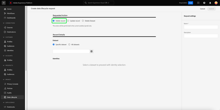 The request creation workflow with the Delete record option selected and highlighted.