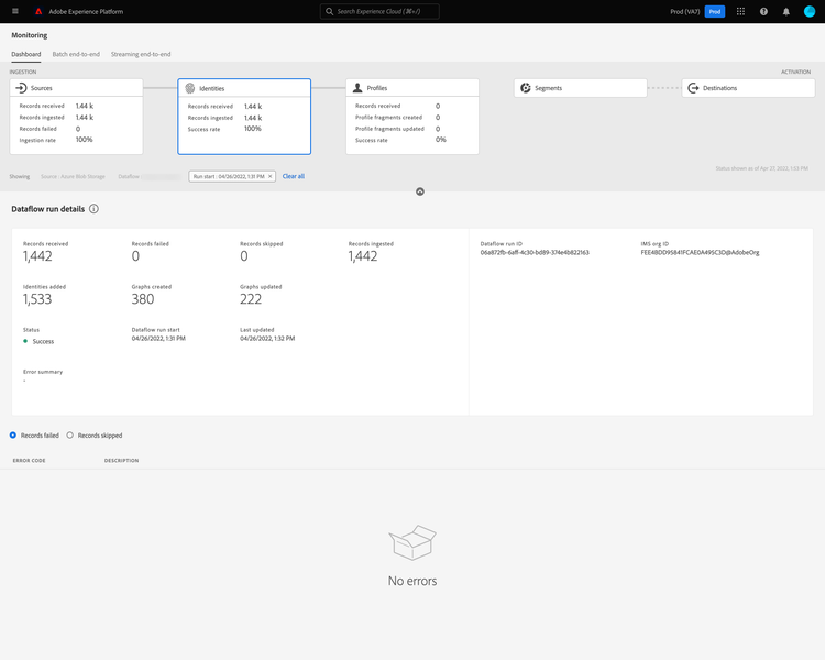 A dashboard showing detailed information about the selected dataflow is displayed.