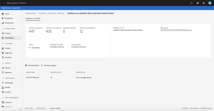 Dataflow details for streaming destinations.