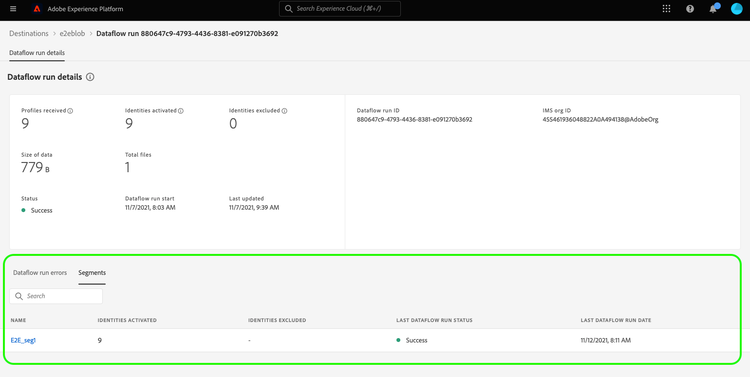 Segments view in the dataflow run details screen.