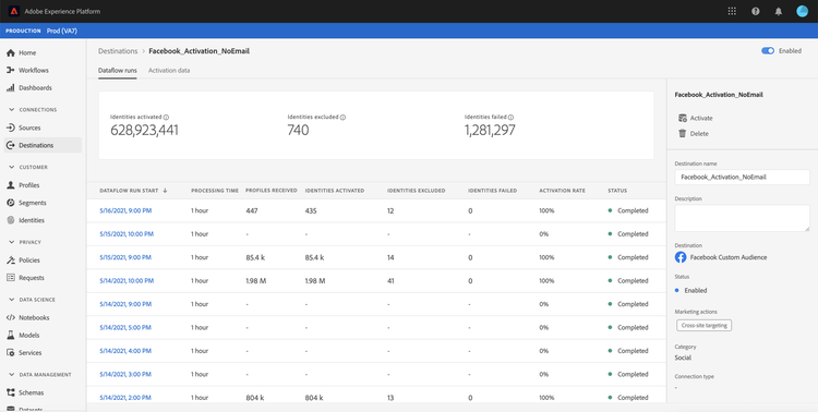 Dataflow runs details for streaming destinations.