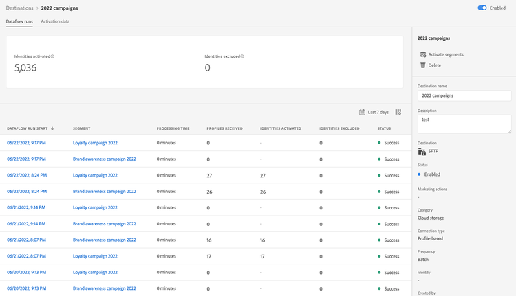 Dataflow runs view for batch destinations.