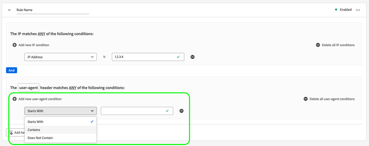 Bot detection rule screen with the header conditions highlighted.