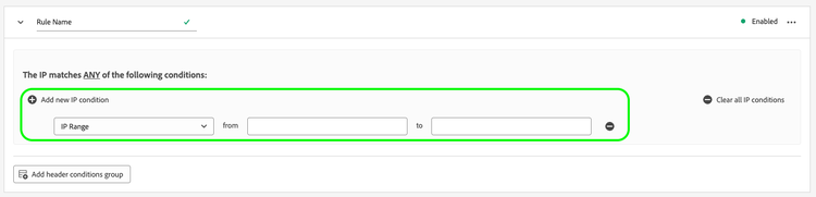 Bot detection rule screen with the IP range field highlighted.