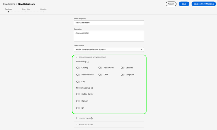 Datastream configuration screen with the geolocation and network lookup settings highlighted.