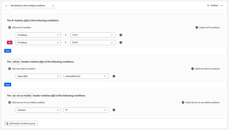 Bot detection rule based on multiple conditions.