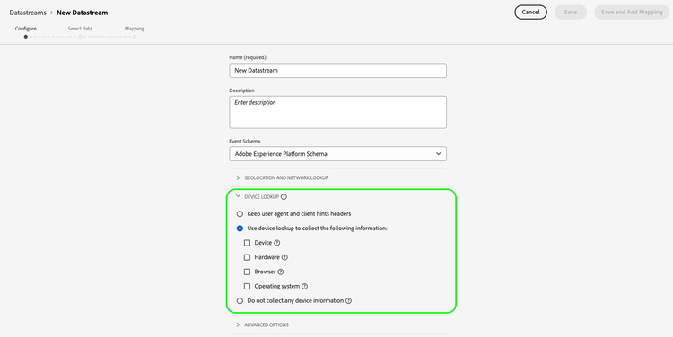 Datastream configuration screen with the device lookup settings highlighted.