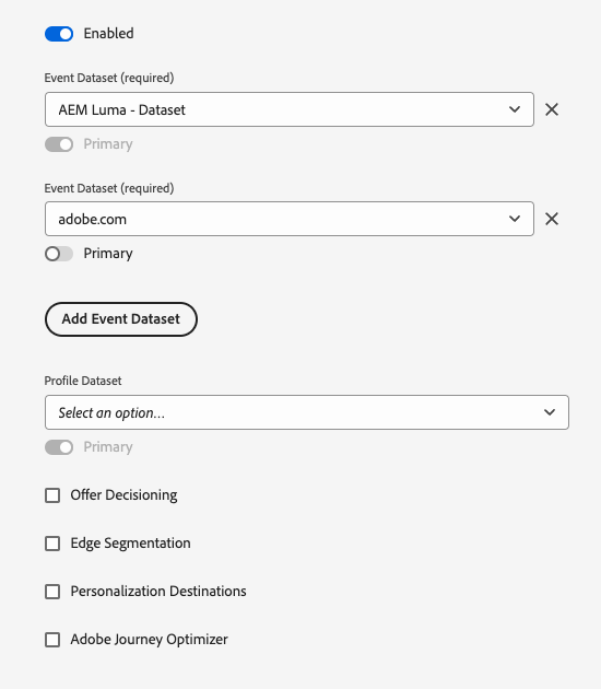 Adobe Experience Platform datastream settings.