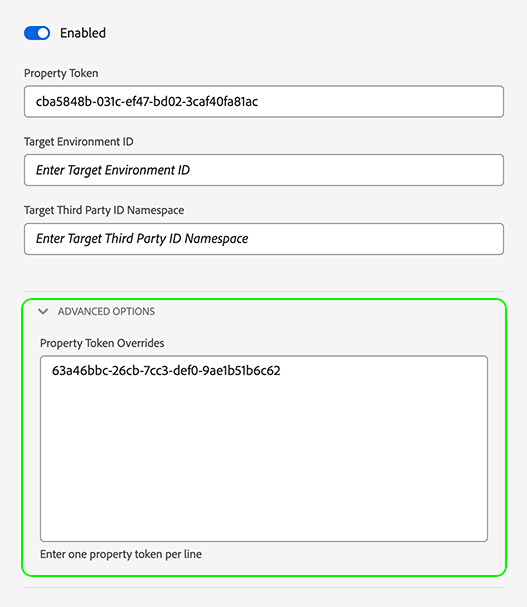 Datastreams UI screenshot showing the Adobe Target service settings, with the property token overrides highlighted.