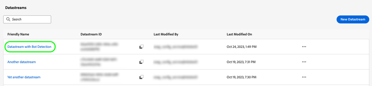 Datastreams user interface showing the list of datastreams.