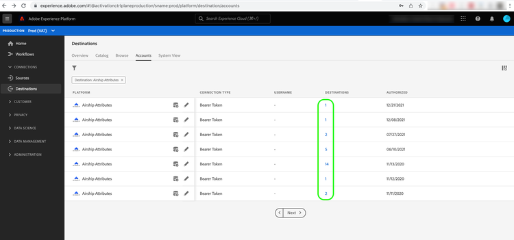 Select destination account to delete