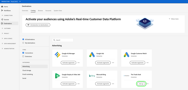 Screenshot of the Experience Platform UI, showing the destinations catalog page with the Set up control highlighted.