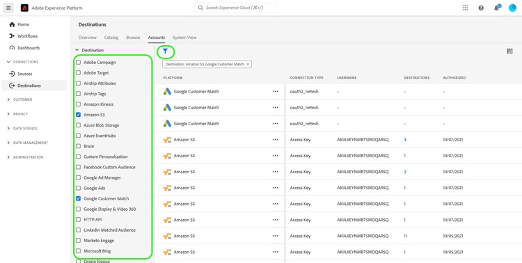 Filter destination accounts