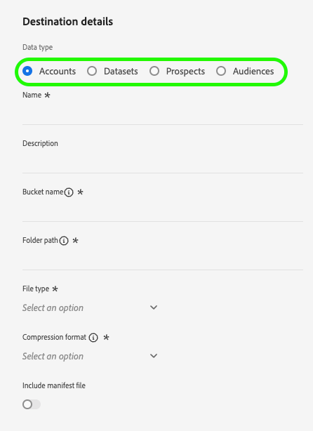 Image showing the data type selection control which allows users to select between audience activation and dataset exports.