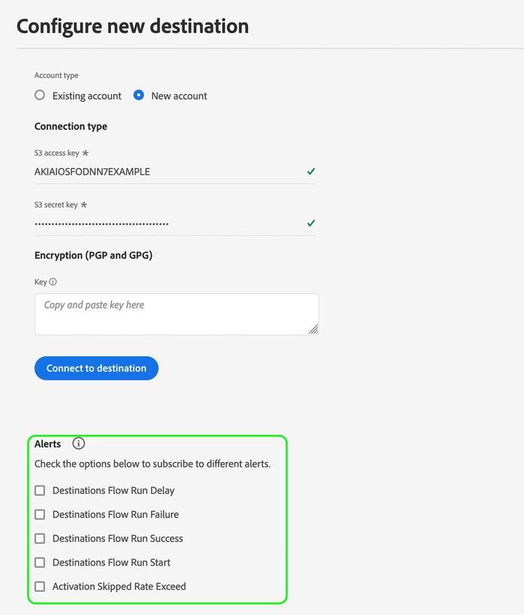 The Configure new destination dialog with the in-context destination alerts subscription options highlighted.