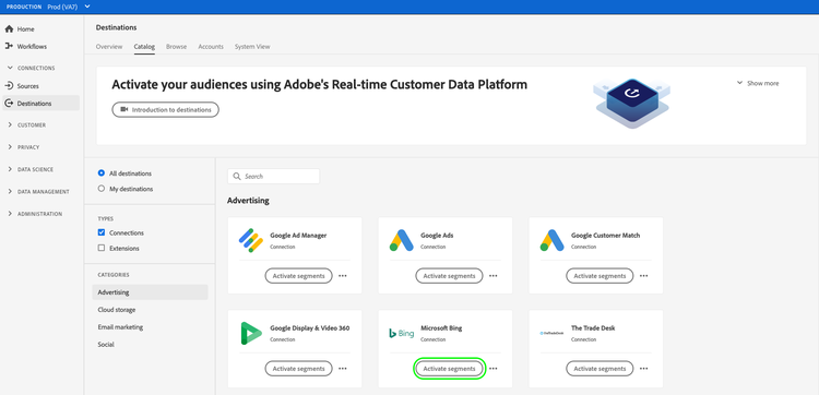 Screenshot of the Experience Platform UI, showing the destinations catalog page with the Activate audiences control highlighted.