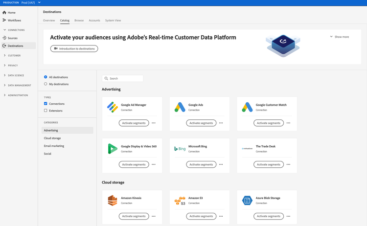 Destinations catalog showing a few advertising and cloud storage destinations.